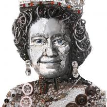 A giant portrait of Her Majesty the Queen, created entirely out of car and truck parts